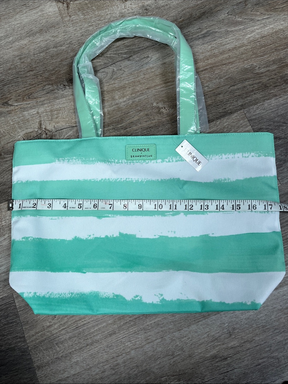 Clinique x Drawbertson Green and White Striped Tote with Matching Pouch NWT - Picture 2 of 7